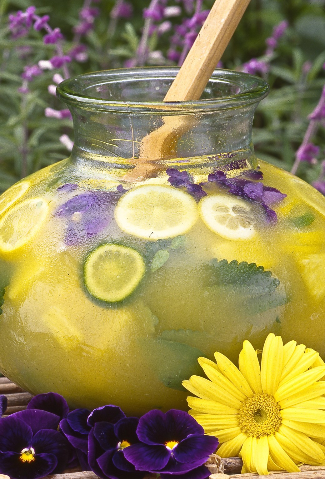 party punch, lemon herbs, purple pansies, mimosa, tequila punch